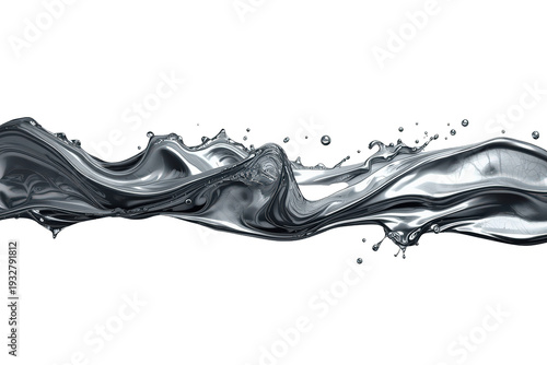 Liquid metal splash creating dynamic chrome waves and fluid motion for abstract designs, transparent background