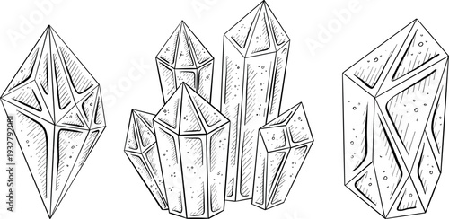 Mystical Magic Engraving Illustrations Set. Hand Drawn tattoo style sketches of crystall ball, crystals, potions, cards, herbs and candles. The theme of magic, mystery and witchcraft