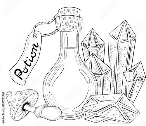 Mystical Magic Engraving Illustrations Set. Hand Drawn tattoo style sketches of crystall ball, crystals, potions, cards, herbs and candles. The theme of magic, mystery and witchcraft