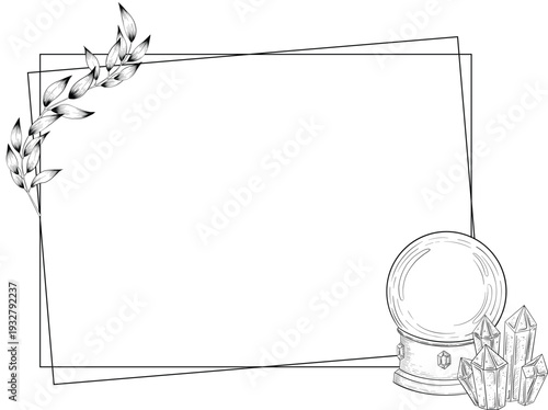 Mystical Magic Engraving Illustrations Set. Hand Drawn tattoo style sketches of crystall ball, crystals, potions, cards, herbs and candles. The theme of magic, mystery and witchcraft