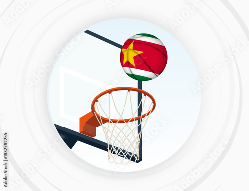 Suriname Flag Themed Basketball in Motion, Scoring Moment in Basketball Game.