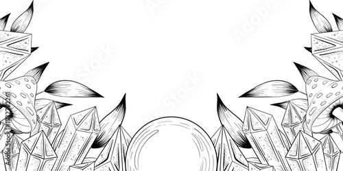 Mystical Magic Engraving Illustrations Set. Hand Drawn tattoo style sketches of crystall ball, crystals, potions, cards, herbs and candles. The theme of magic, mystery and witchcraft