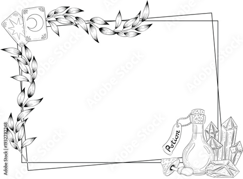 Mystical Magic Engraving Illustrations Set. Hand Drawn tattoo style sketches of crystall ball, crystals, potions, cards, herbs and candles. The theme of magic, mystery and witchcraft