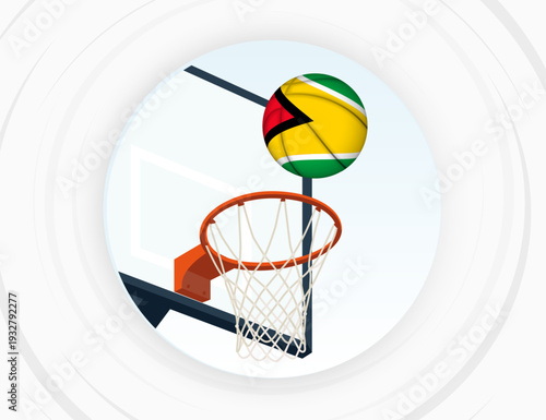 Guyana Flag Themed Basketball in Motion, Scoring Moment in Basketball Game.