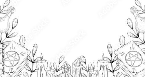 Mystical Magic Engraving Illustrations Set. Hand Drawn tattoo style sketches of crystall ball, crystals, potions, cards, herbs and candles. The theme of magic, mystery and witchcraft