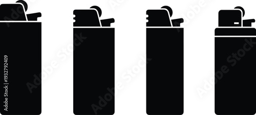 Four black lighters on transparent background, simple modern design