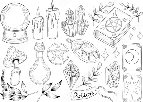Mystical Magic Engraving Illustrations Set. Hand Drawn tattoo style sketches of crystall ball, crystals, potions, cards, herbs and candles. The theme of magic, mystery and witchcraft