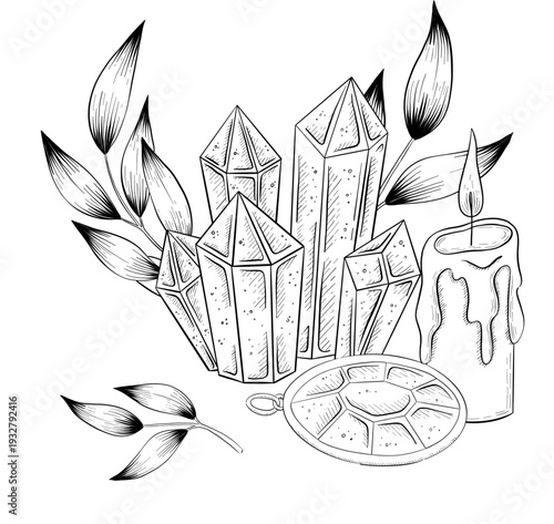 Mystical Magic Engraving Illustrations Set. Hand Drawn tattoo style sketches of crystall ball, crystals, potions, cards, herbs and candles. The theme of magic, mystery and witchcraft