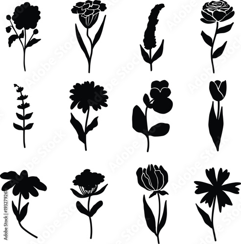 Collection of twelve simple flower silhouettes in black and white