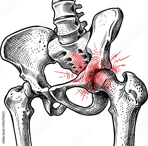 Hand drawn sketch of human pelvis and hip joint with red pain indicators
