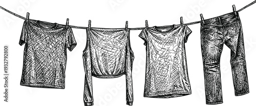 Washing line with hanging clothes sketch, t-shirts and jeans on transparent