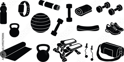 Fitness equipment icons silhouette collection for gym workout training exercise