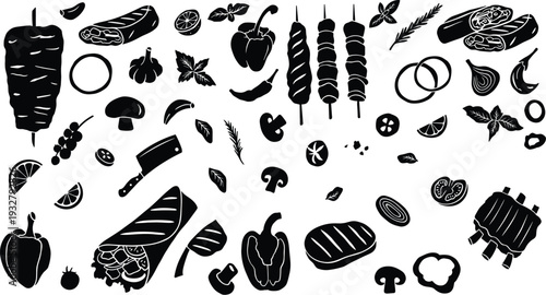 Street food icons and ingredients set with kebab shawarma vegetables and tools