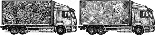 Commercial heavy trucks with doodle abstract art patterns on cargo trailers set