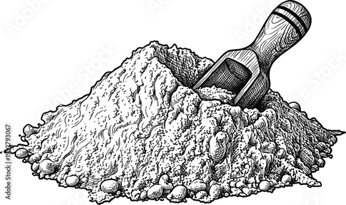 Pile of dry powder or sand with wooden scoop in traditional engraved drawing style