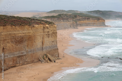 High angle view of massive limestone cliffs and beach along the Great Ocean Road