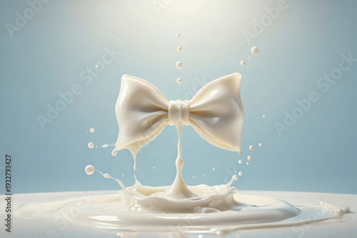 Dynamic Milk Splash Shaped as Elegant Ribbon Bow with Droplets on Blue Gradient