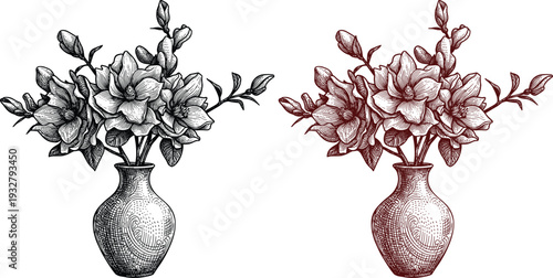 Magnolia flowers in ceramic vase with classic engraving and color variation set