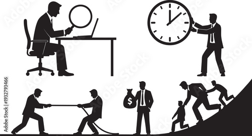 Business people silhouette vector set, corporate teamwork leadership time management and financial success concepts