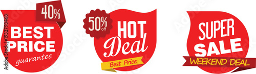Collection of red sale stickers with discounts and promotions