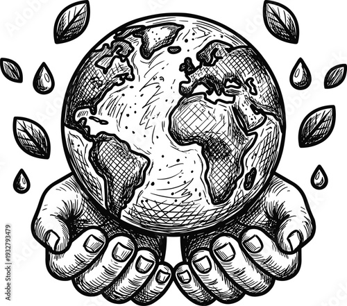 Earth globe held by caring hands with environmental leaves and water drops icons
