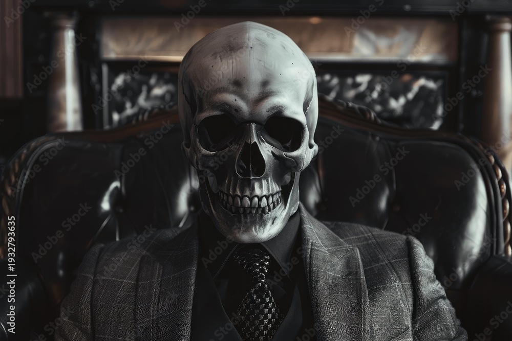 Fototapeta premium Spooky skeleton wearing suit and tie sitting on leather chair in front of fireplace