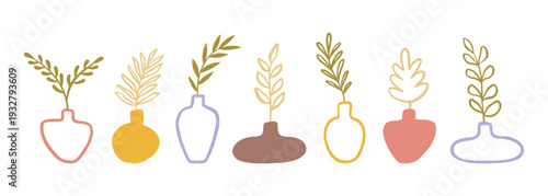 Crayon hand drawn vases of silhouettes and contour. Abstract organic pottery with leaves. Modern ceramic vessels and wine jars in minimalist style. Colorful boho vector illustration set for design.