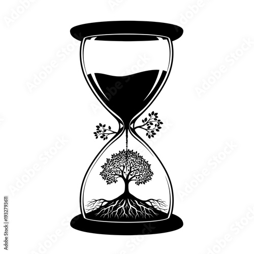 Hourglass with a growing tree inside symbolizing the passage of time and life cycles.