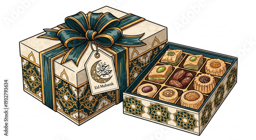 Elegant gift box of assorted traditional sweets with green ribbon and tag beautifully presented on white background for ramadan or festive occasions
