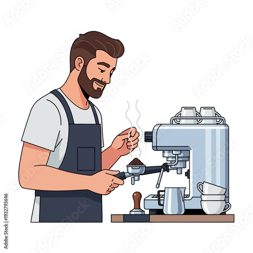 Barista preparing a hot coffee drink using an espresso machine in a cafe setting.