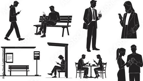 Business people silhouettes using smartphones in urban lifestyle scenes, modern communication and social media concept