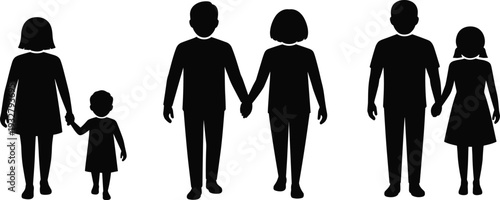 Family silhouette set with parents and children holding hands, black people and relationship icons isolated on white background, simple flat vector illustration collection