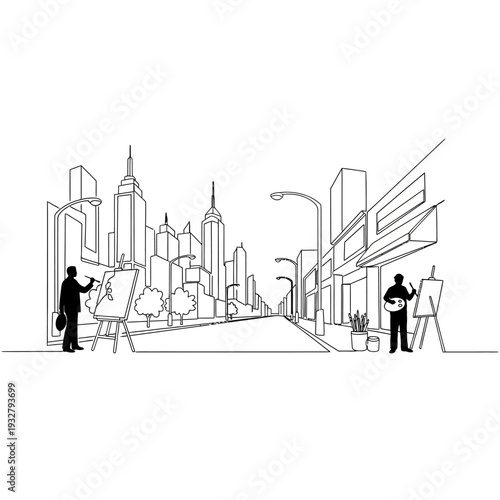 Two artists sketching a cityscape with easels and canvases on a street in front of tall buildings.