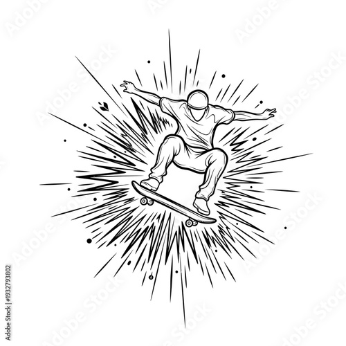 Skateboarder performing a trick with an explosive burst of lines behind him, black and white illustration.