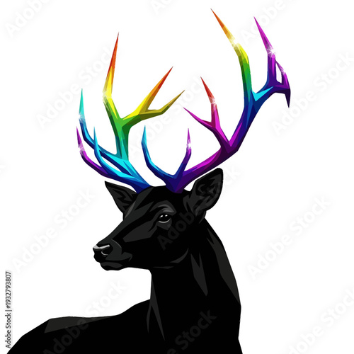 A striking black deer with vibrant rainbow-colored antlers stands out against a white background.