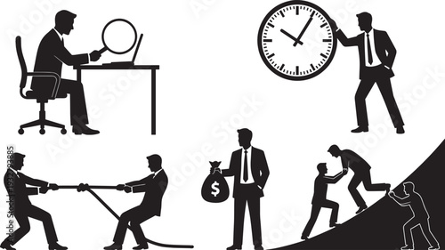 Business people teamwork and time management silhouettes, corporate success and leadership vector illustration isolated