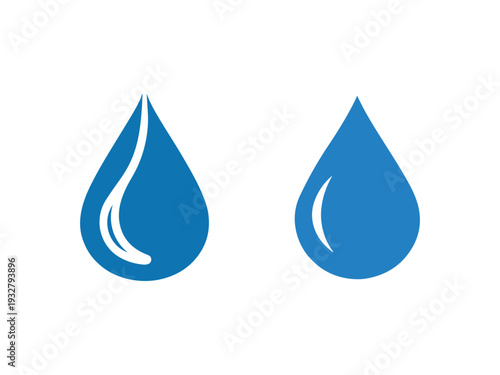 Blue water droplets on white background  two shiny teardrop shapes  symbolizing liquid  purity and hydration