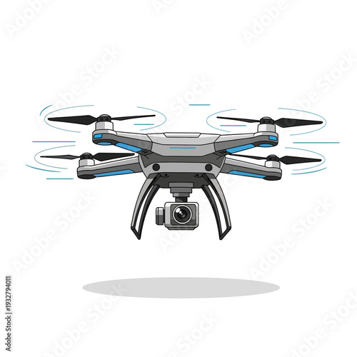 A modern gray drone with blue accents is captured in flight, showcasing its camera and spinning propellers against a clean white background.
