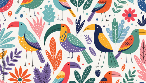 Vibrant tropical birds and flowers in colorful jungle pattern