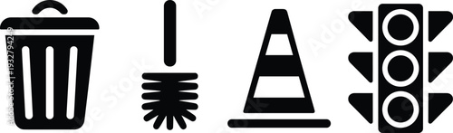 Trash can, toilet brush, traffic cone and signal light silhouettes set, black sanitation and road safety icons isolated on white background, flat vector illustration