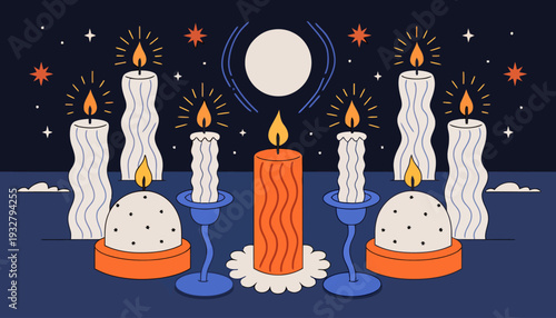 Magical candlelit scene with full moon and stars