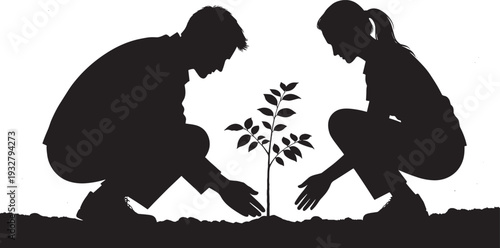 Children planting tree together, environmental conservation concept vector silhouette illustration isolated on white background