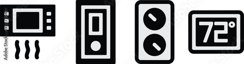 Microwave oven and temperature control panel silhouettes set, black kitchen appliance and thermostat icons isolated on white background, simple flat vector illustration