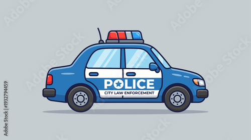 Blue Police Car Cartoon Vector Illustration – Flat Law Enforcement Vehicle Design