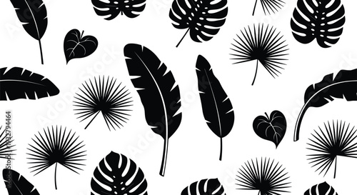 Tropical palm leaf silhouette collection featuring monstera, banana leaves, and jungle foliage icons for exotic summer nature backgrounds and patterns.