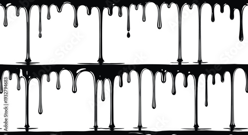 Black dripping liquid silhouette borders with paint drips, oil splashes, and ink leaks for industrial, artistic, and edgy design backgrounds.