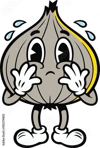 Sad Crying Onion Character with Gloved Hands and Large Eyes