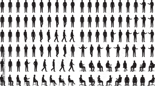 Extensive collection of male silhouettes in standing walking and sitting poses, business vector set