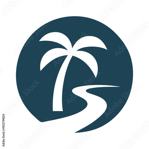 Logo agencia de viajes. Vacaciones de verano. Dibujo sencillo con siluetas de un paisaje con la palma y ola de mar en círculo