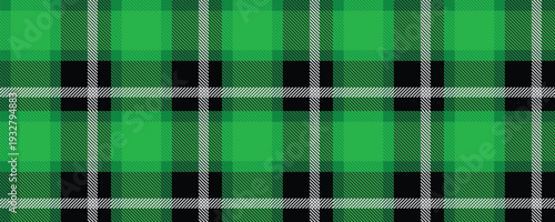 Green and black tartan pattern with white stripes for seamless textile design. Traditional Irish plaid background perfect for St. Patrick's Day themes. Elegant checkered vector fabric texture.